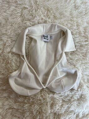 Princess Polly Cream Ribbed Collared Crop Top